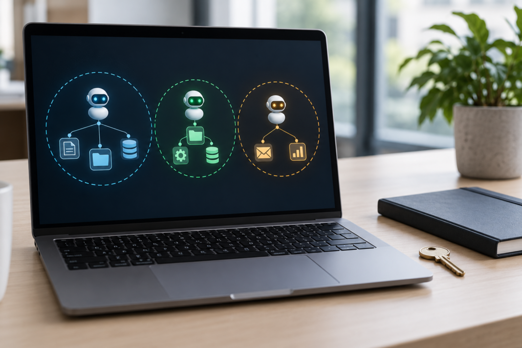 A laptop showing three groups of connected agent and tool icons, with a physical key and closed notebook nearby.
