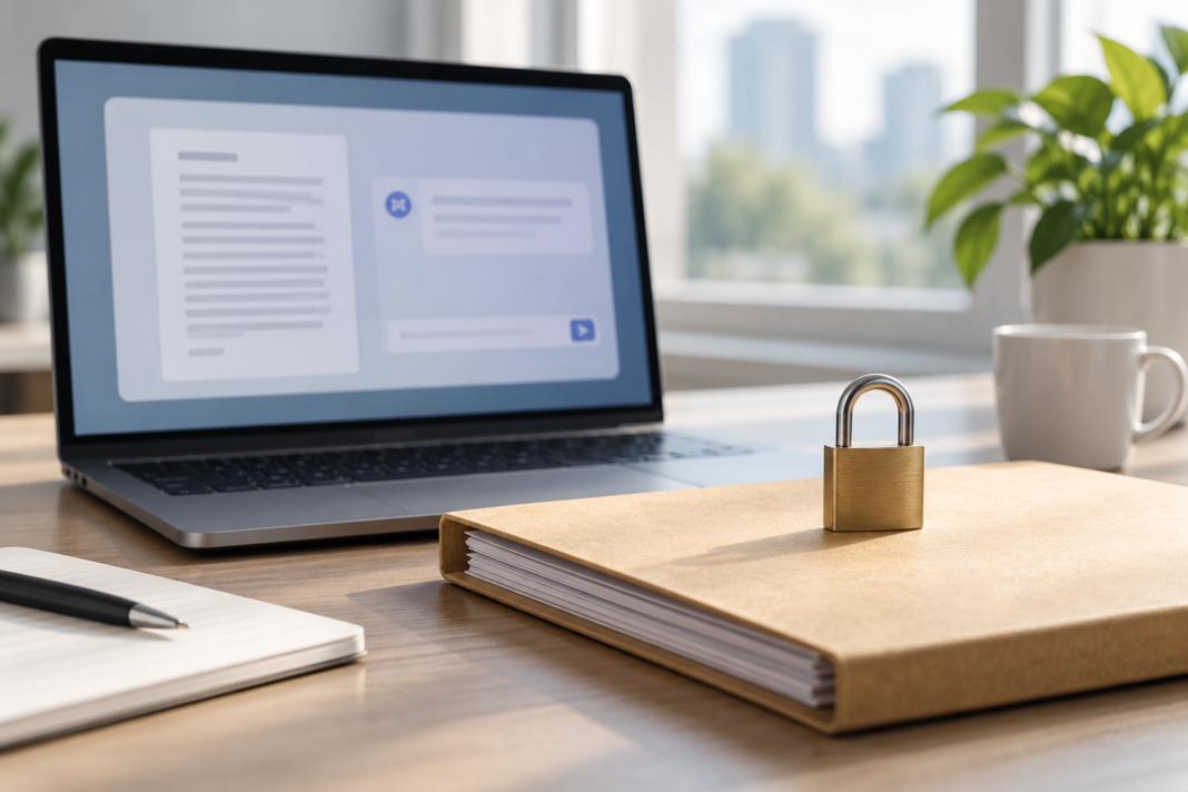 Before the Prompt: Deciding What Data an AI Tool Really Needs A padlock on a paper folder beside a laptop with a blurred document and chat interface.