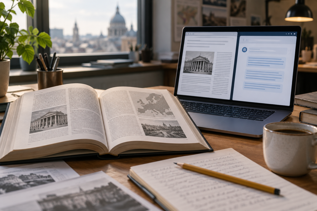 An open reference book and printed pages beside a laptop showing a stylised text interface.