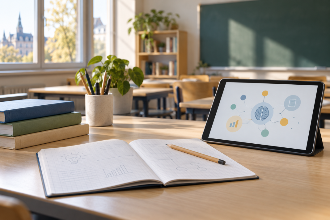 AI in Education: The Difference Between Producing an Answer and Learning A tablet with a simple learning diagram beside an open exercise notebook, pencil and books in an empty classroom.