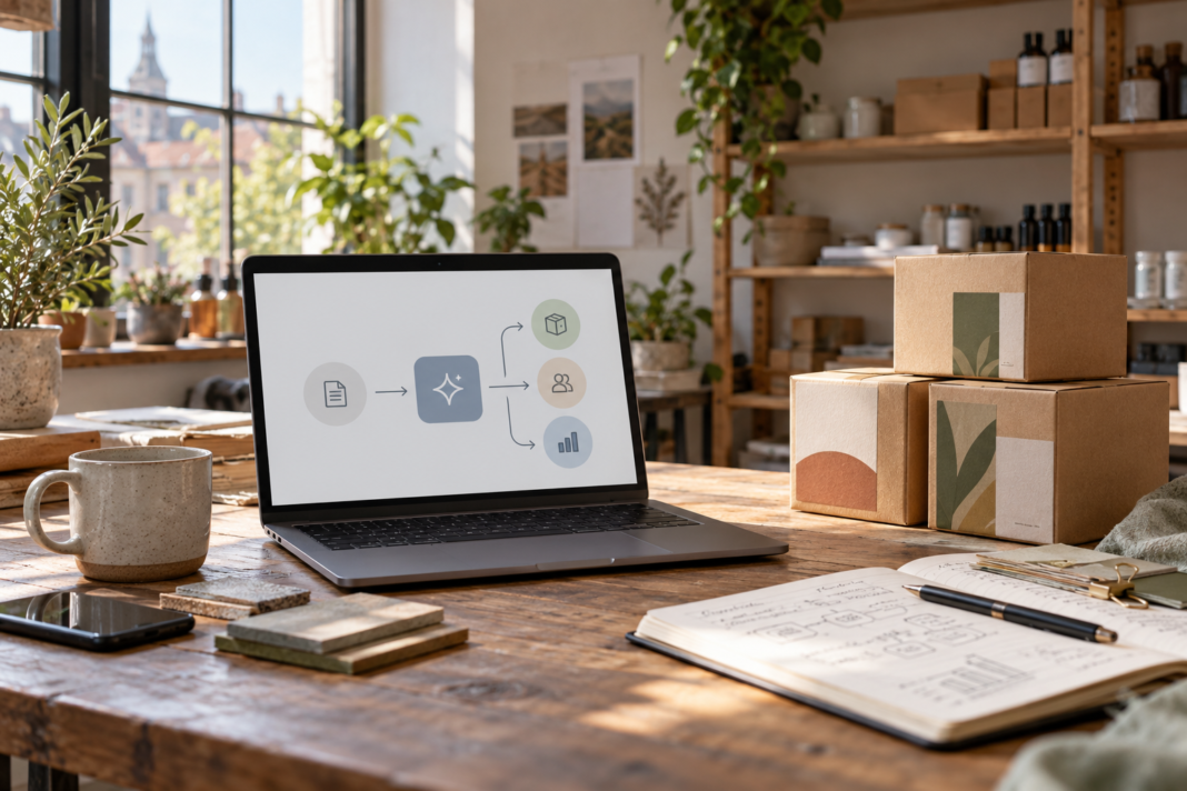 AI for Small Businesses: What a Useful Pilot Should Measure A laptop displaying a simple workflow beside product packages and an open notebook in a small business workspace.
