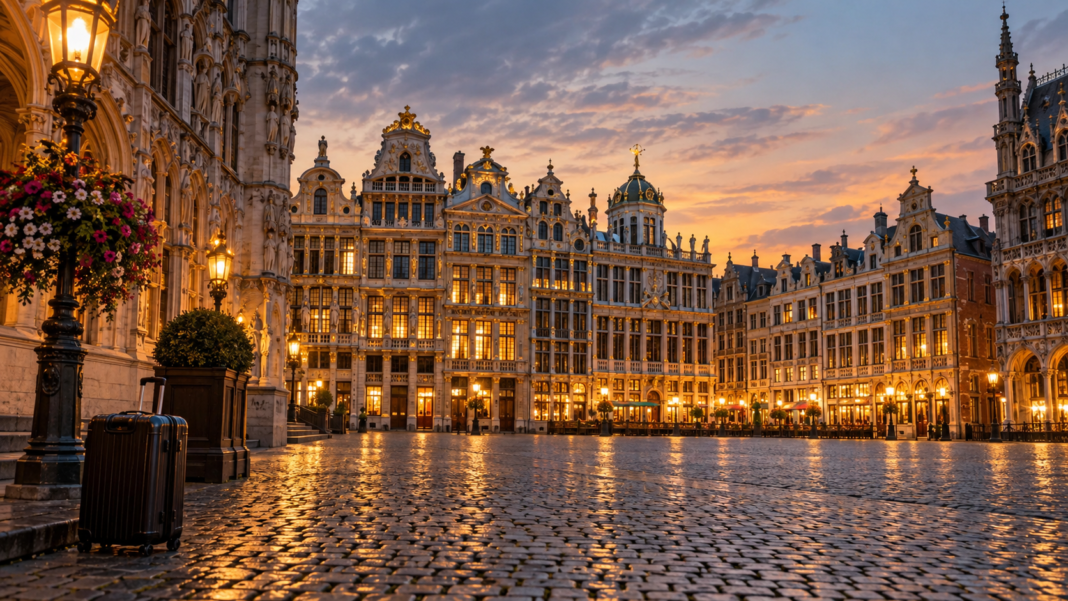 AI-generated illustration of illuminated historic facades and cobblestones in Brussels, with a travel suitcase in the foreground.