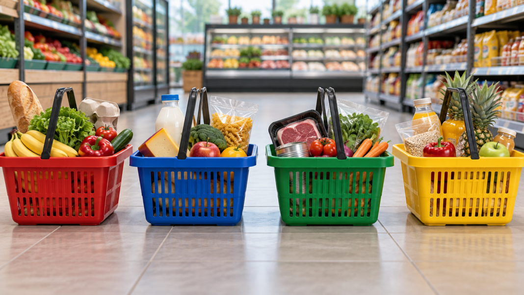 Cartels: When Rivals Stop Competing Independently Four coloured shopping baskets filled with groceries in a supermarket aisle.