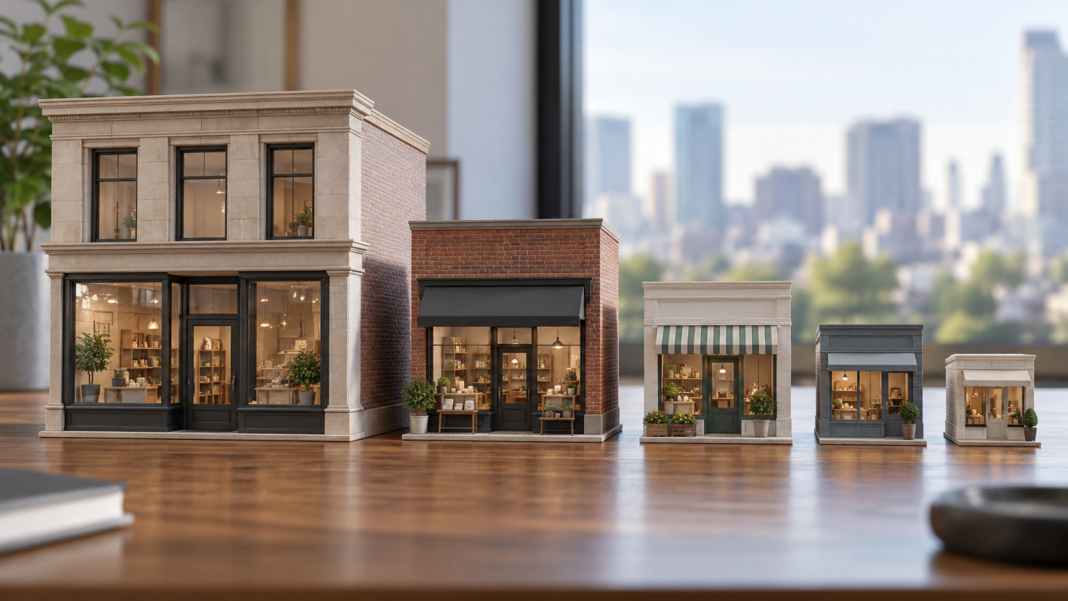 Market Power: Why Conduct Matters Alongside Size Five shopfront models of decreasing size arranged on a wooden table.