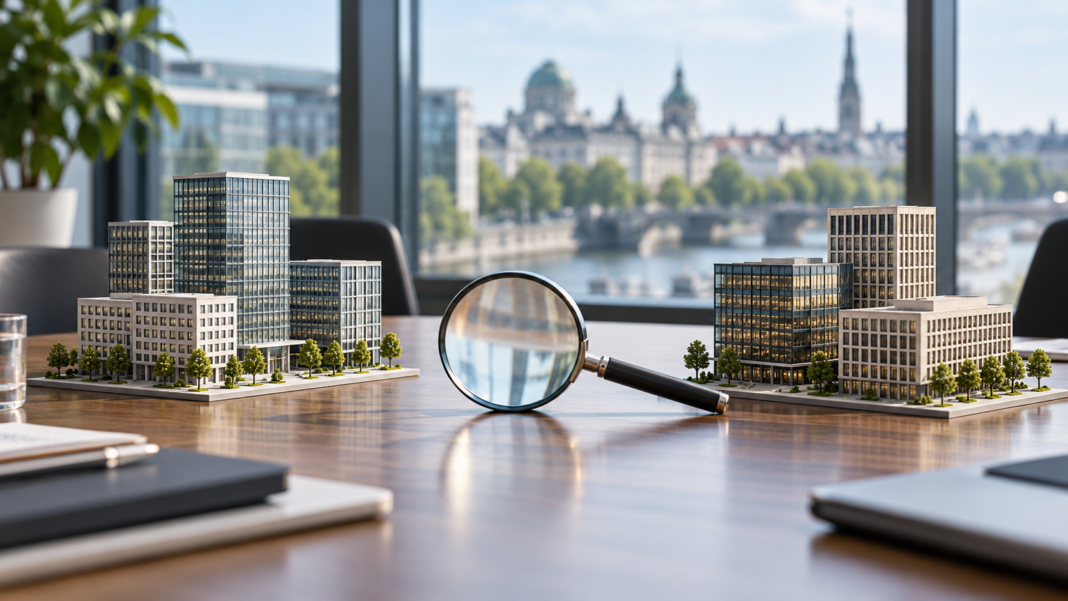 Merger Control: Looking Beyond the Deal Announcement Two groups of miniature office buildings with a magnifying glass between them.