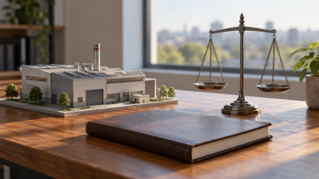 A factory model, closed ledger and metal balance scales on a desk.