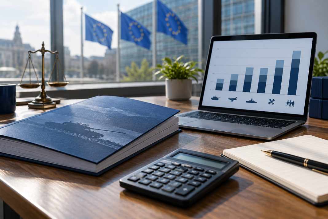 Defence Budgets: Distinguishing Commitments from Spending A calculator, financial report and pen beside a laptop showing an abstract bar chart.