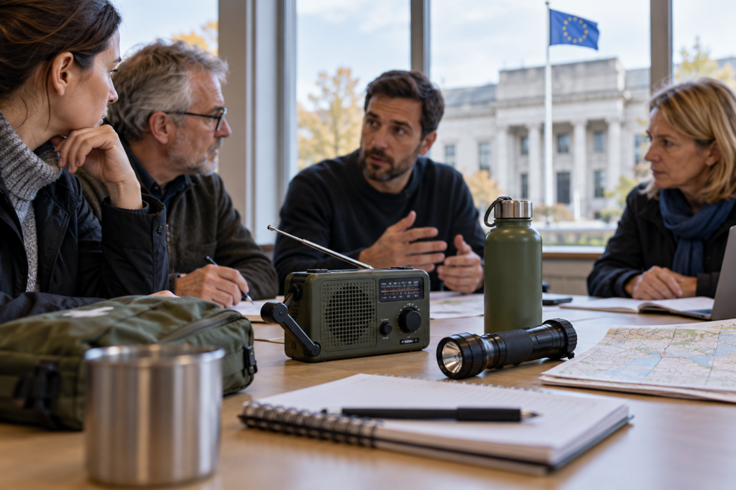 Civil Preparedness: The Community Side of Resilience People discussing a fictional preparedness scenario around a table with a radio, torch and water bottle.