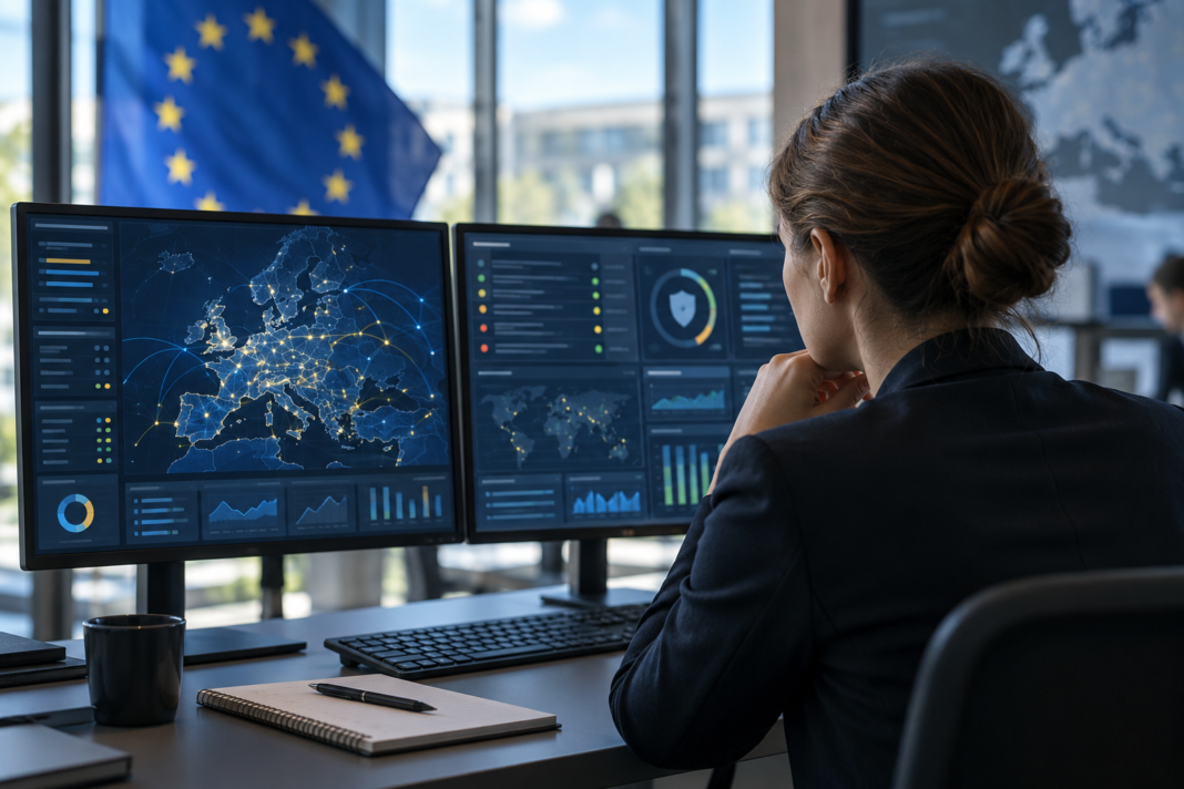 Cyber Resilience: Keeping Essential Work Going A person viewed from behind at monitors with abstract status panels and a stylised Europe map.