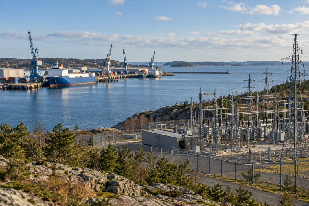 A fictional harbour and nearby electricity infrastructure in a broad coastal view.