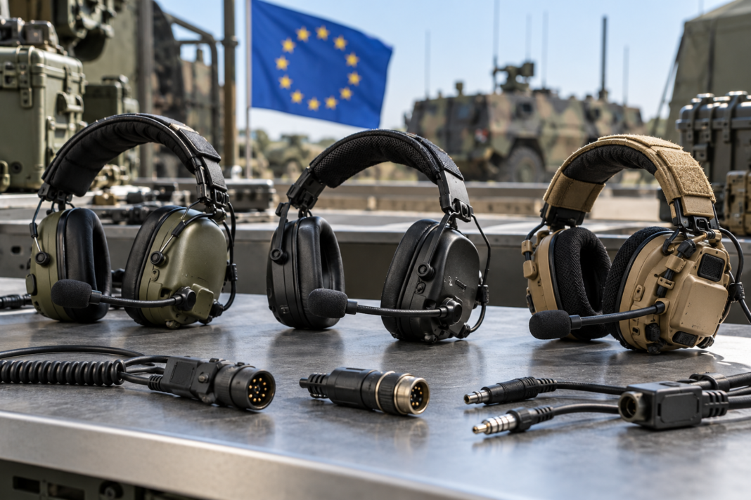 Three communication headsets and generic connectors on a technical workbench.