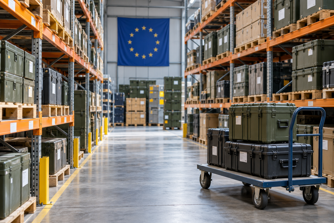 Defence Logistics: The Support Behind a Capability Sealed supply crates, shelves and a trolley in a clean warehouse aisle.