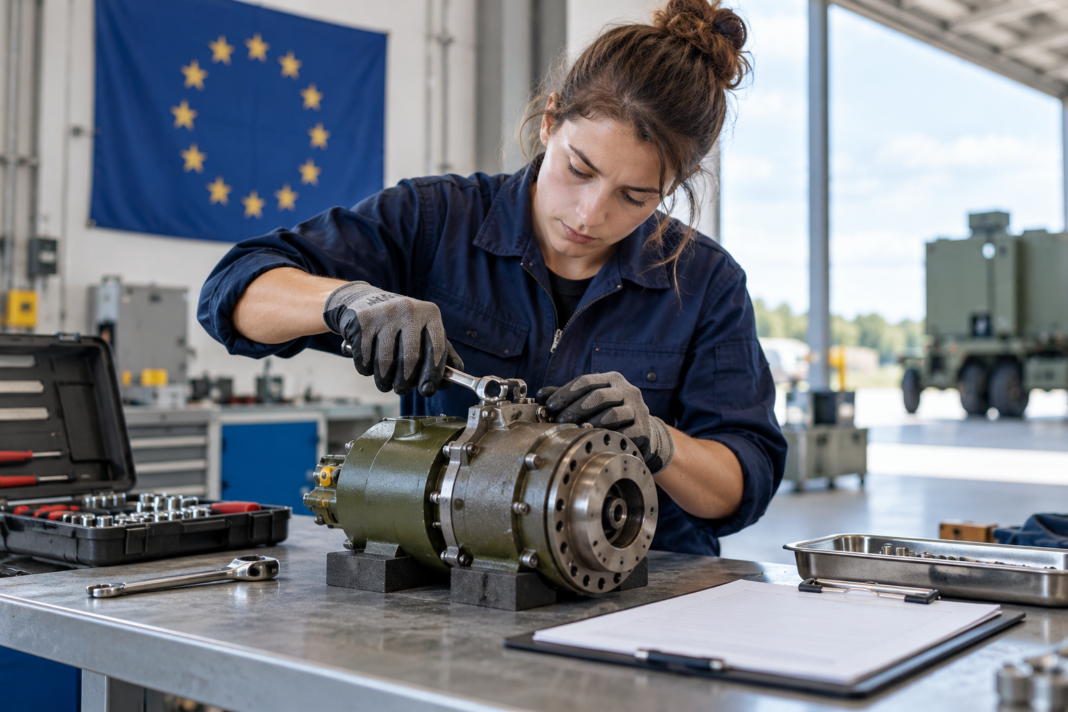 Defence Maintenance: Planning Beyond Delivery A person using a wrench on a generic mechanical component beside tools and a clipboard.