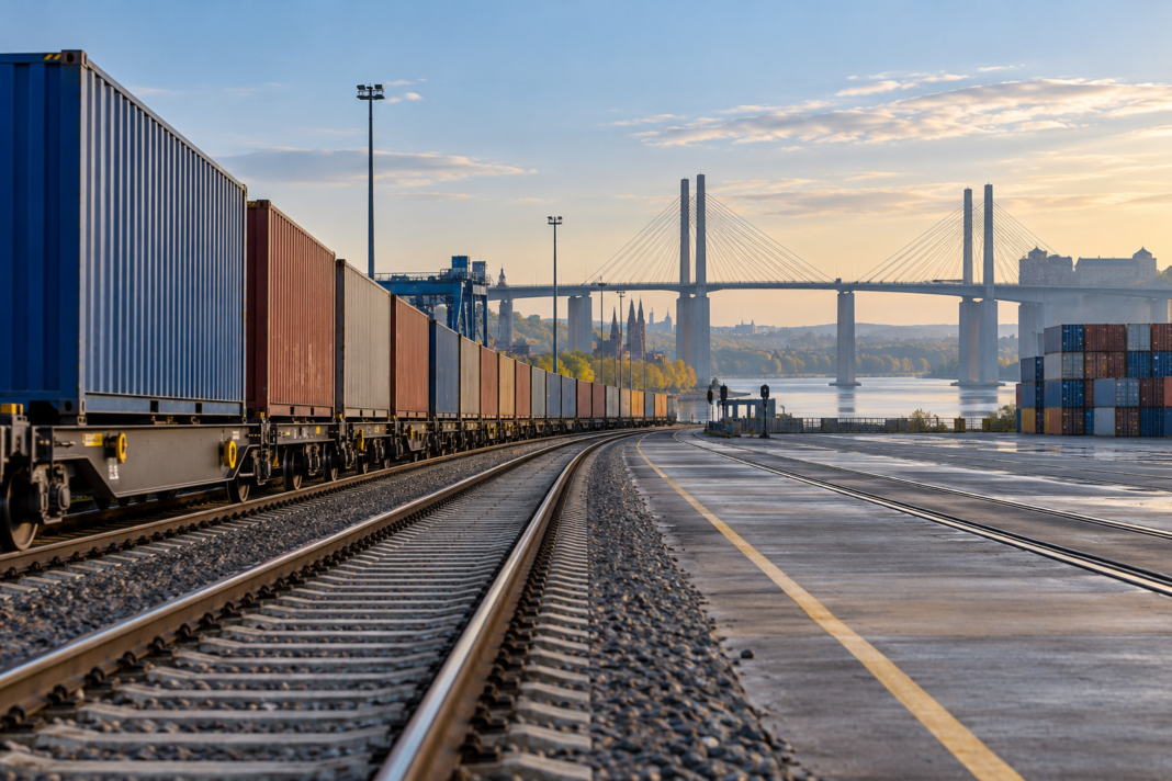 A cargo train at a quiet rail freight terminal with a modern bridge in the distance.