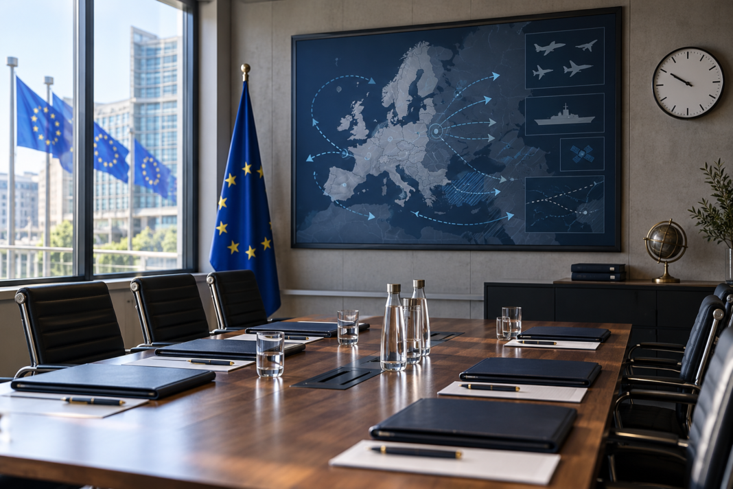 Defence Readiness: Turning Plans into Usable Capabilities An empty meeting room with folders, a wall clock, a stylised Europe map and European flags.