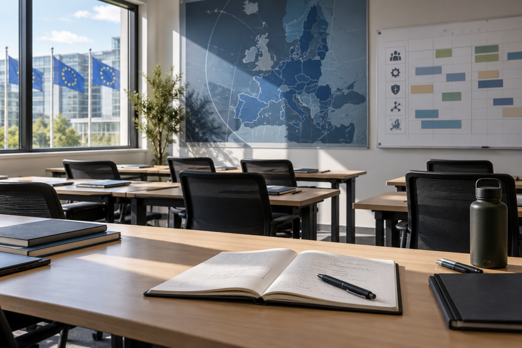 An empty classroom with chairs, an open notebook and a plain exercise planning board.