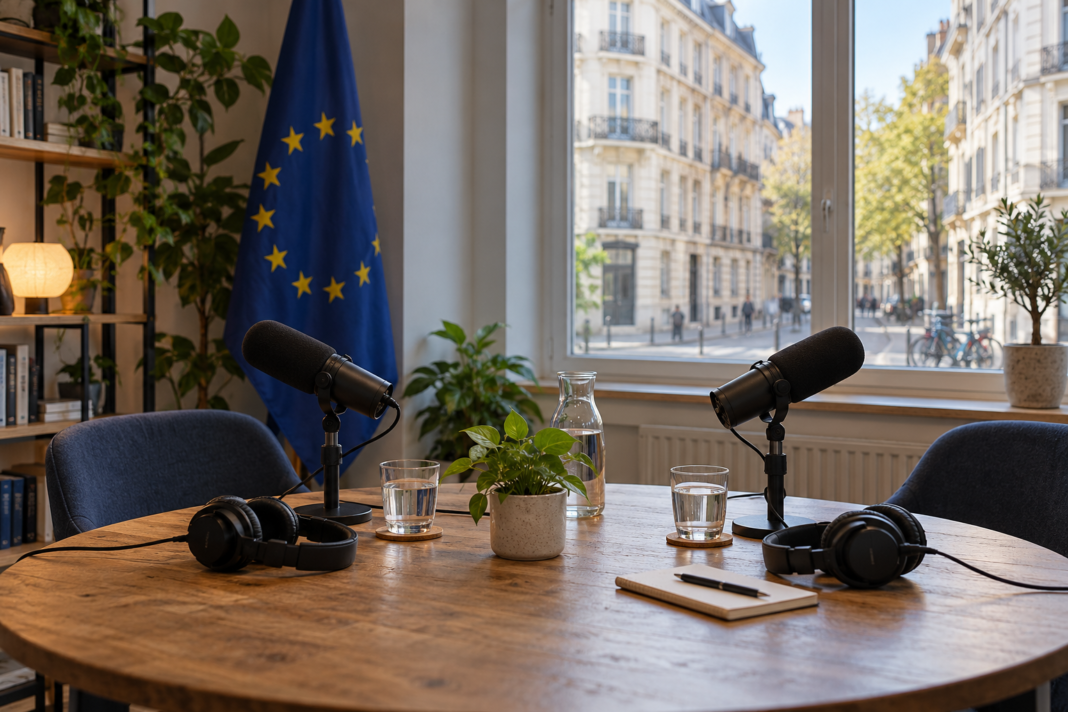 Europe Explained: Bringing Public Debate Closer to Everyday Life Two podcast microphones and headphones on a table beside a European flag and a window overlooking a city street.