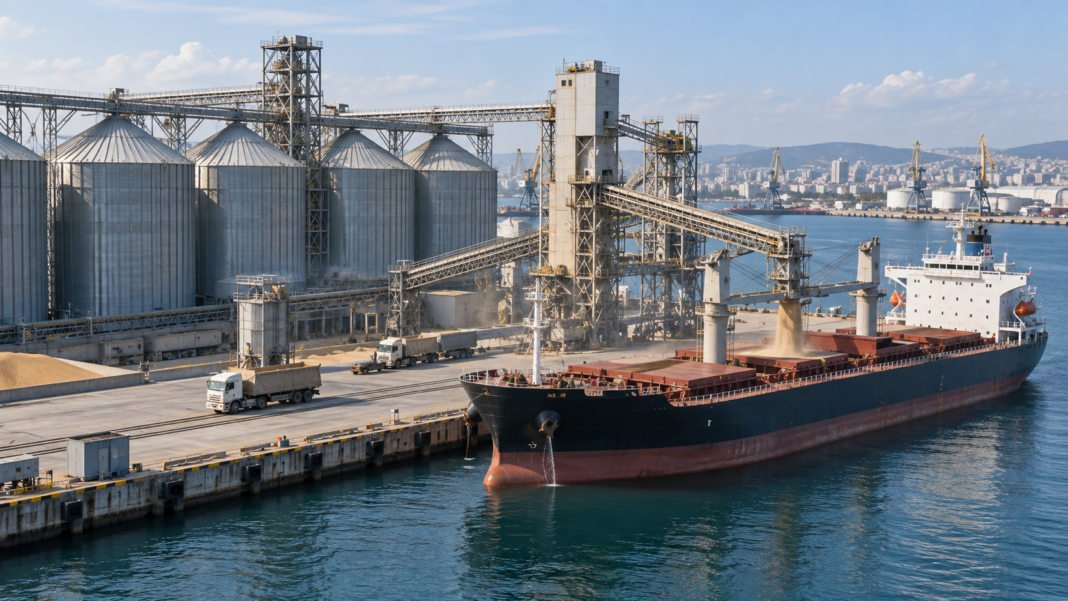 EU warns attacks on Ukrainian grain routes endanger food supplies AI-generated illustration of grain silos and a cargo ship at a Black Sea-style commercial port.