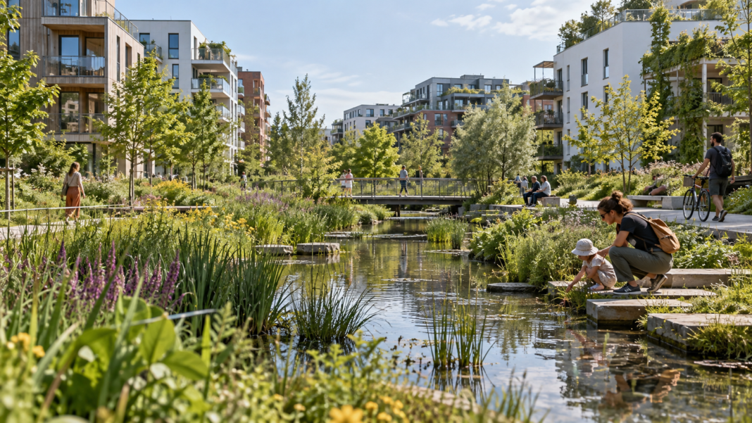 AI-generated illustration of a European neighbourhood park using planted wetlands and water-retention landscaping.