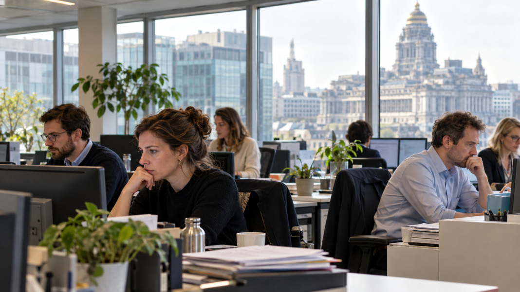Belgian workers put job security ahead of pay, survey finds AI-generated illustration of employees working in a modern Belgian office, accompanying reporting on job security.