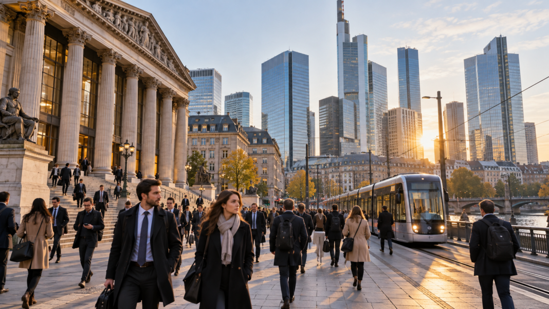 Eurogroup chief urges investment reforms to lift productivity AI-generated illustration of a European financial district and commuters, accompanying reporting on investment and productivity.