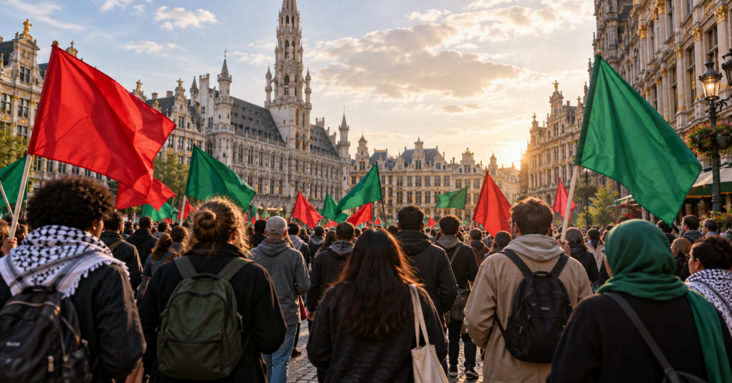 Belgian unions warn of further action after budget protest AI-generated illustration of a peaceful crowd with plain red and green flags in central Brussels.