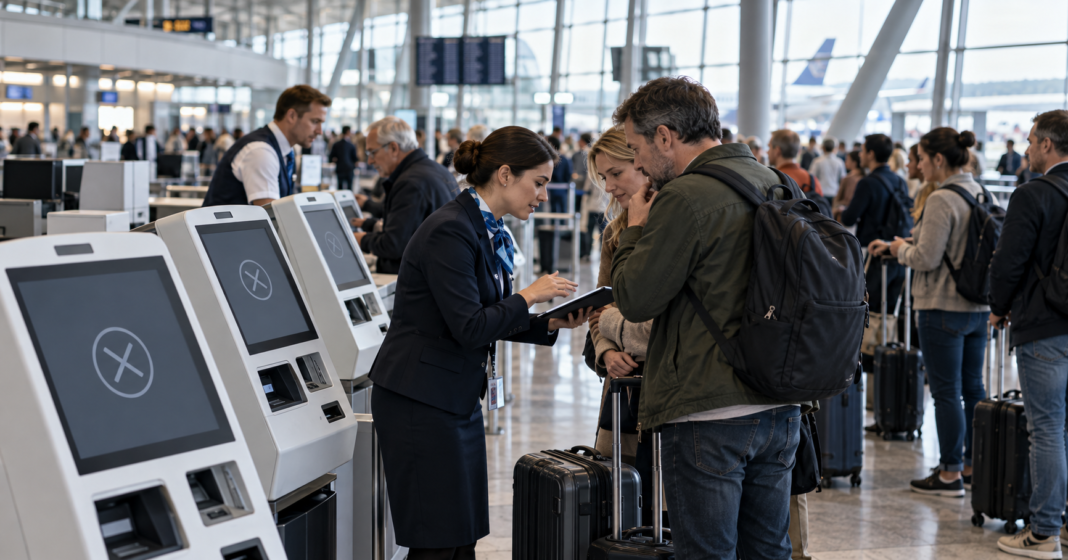 Aviation cyber resilience remains on Europe’s agenda AI-generated illustration of staff assisting passengers beside generic airport check-in kiosks.