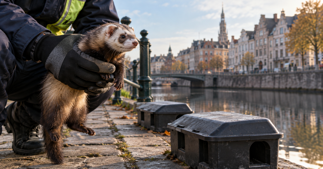 Brussels appoints ferret specialist for rat-control trial AI-generated illustration of a calm ferret held by a professional handler beside closed pest-control traps.