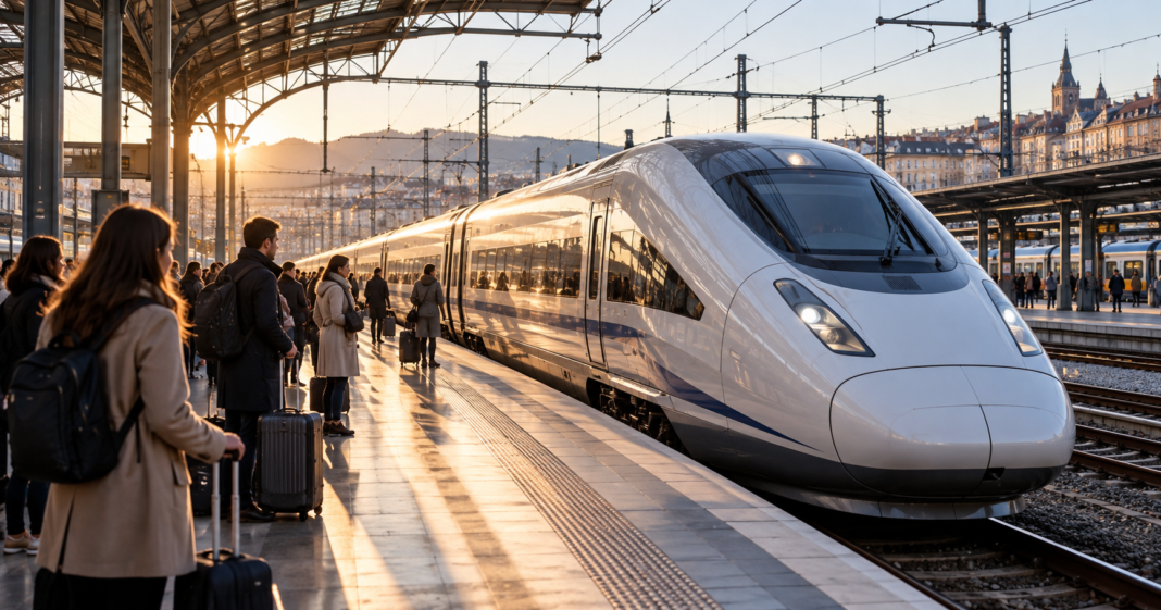 AI-generated illustration of a high-speed passenger train at a European station with waiting travellers.