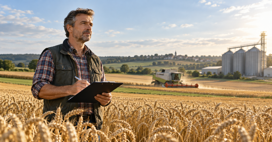 EU food-safety talks test the scope of farm simplification AI-generated illustration of a European farmer reviewing a clipboard beside a wheat field.