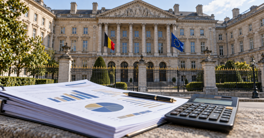 De Wever seeks debt brake alongside Belgian budget talks AI-generated illustration of the Belgian parliament with a calculator and budget papers in the foreground.