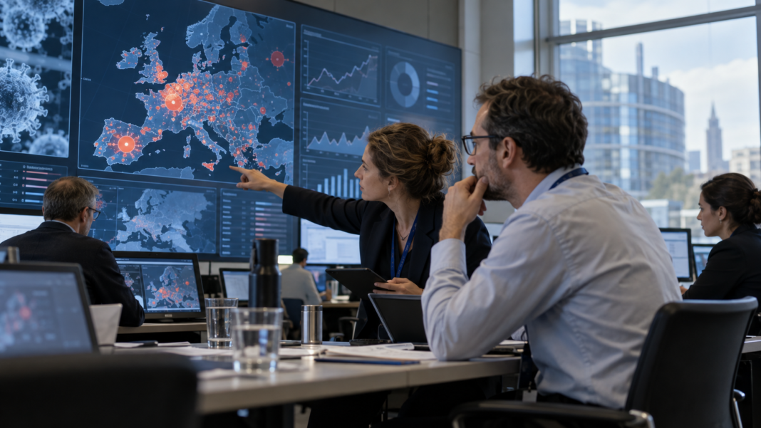 European health officials practise coordinated emergency response AI-generated illustration of public health analysts working in an emergency coordination centre with abstract dashboards.
