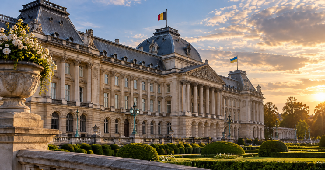 Zelenskyy raises air defence with Belgium’s King Philippe AI-generated illustration of the Royal Palace in Brussels with Belgian and Ukrainian flags; no meeting is depicted.
