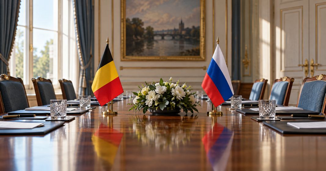 AI-generated illustration of an empty diplomatic meeting table with Belgian and Russian desk flags.