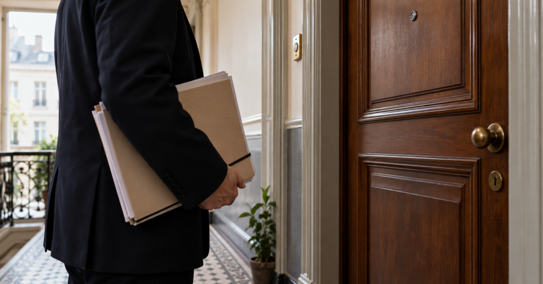 Belgian home-entry bill advances amid safeguards dispute AI-generated illustration of a closed apartment door and an anonymous official holding a legal folder; no raid is depicted.