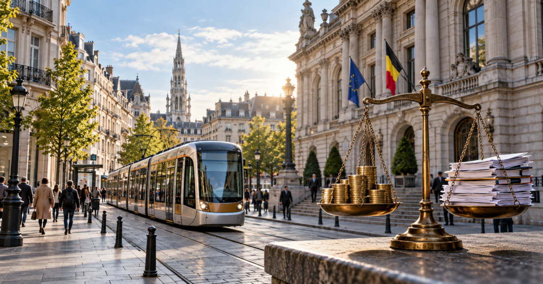 Brussels targets €719m deficit in 2027 budget agreement AI-generated illustration of a Brussels street and tram with symbolic scales balancing coins and paperwork.