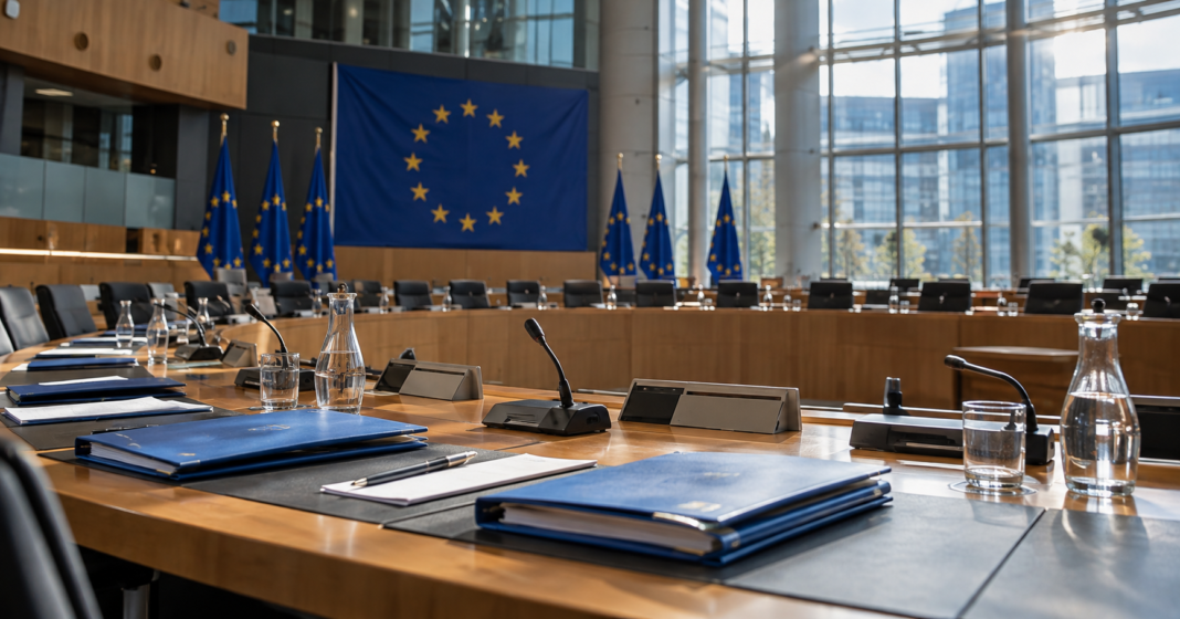 AI-generated illustration of an empty European parliamentary meeting room with folders and vacant seats.