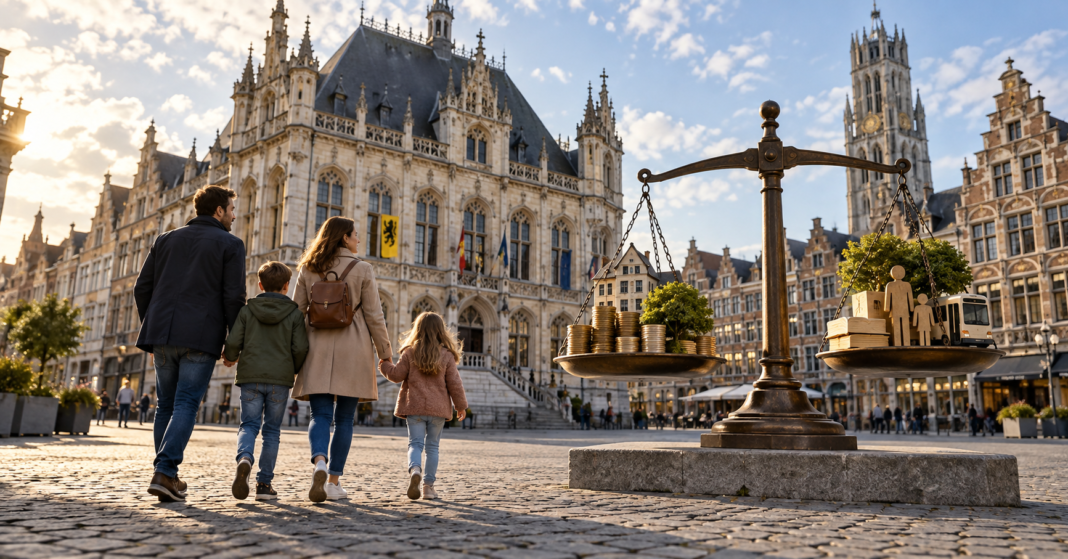 Flanders sets out savings and household budget changes AI-generated illustration of a family in a Flemish civic square beside symbolic scales balancing coins and public services.