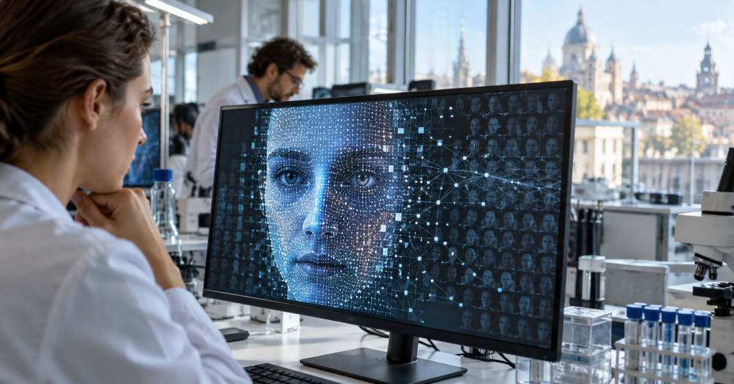 AI-generated illustration of a computer displaying an abstract synthetic face and a subtle digital pattern.
