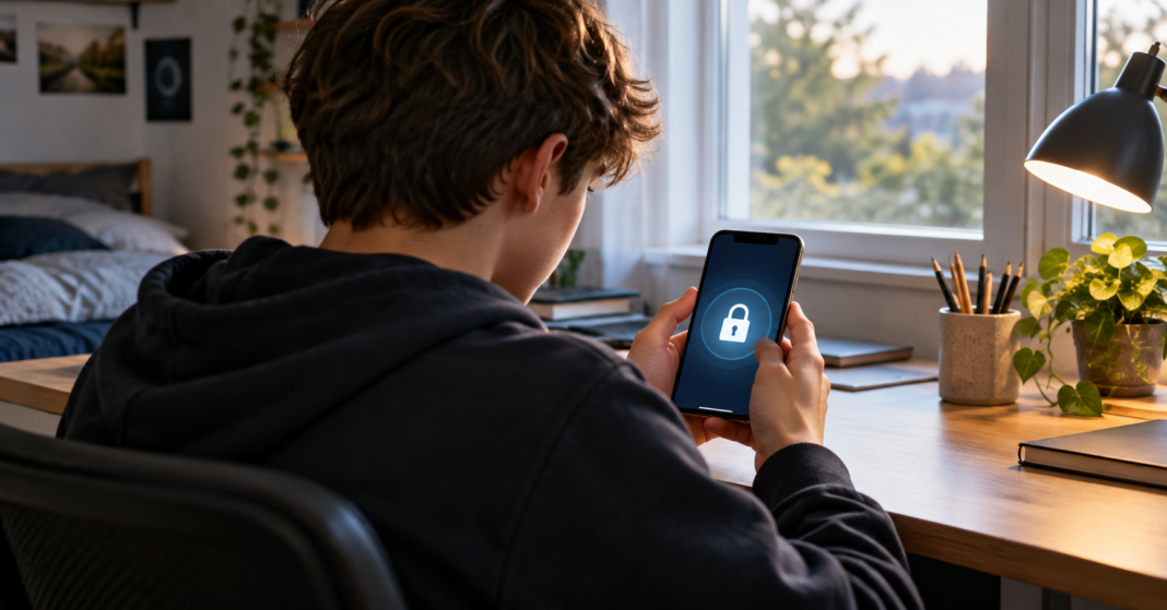 EU child-safety proposal adds a new layer to TikTok scrutiny AI-generated illustration of a teenager seen from behind using a phone with an abstract privacy symbol.