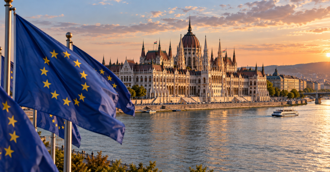AI-generated illustration of Hungary’s parliament beside the Danube with EU flags in the foreground.