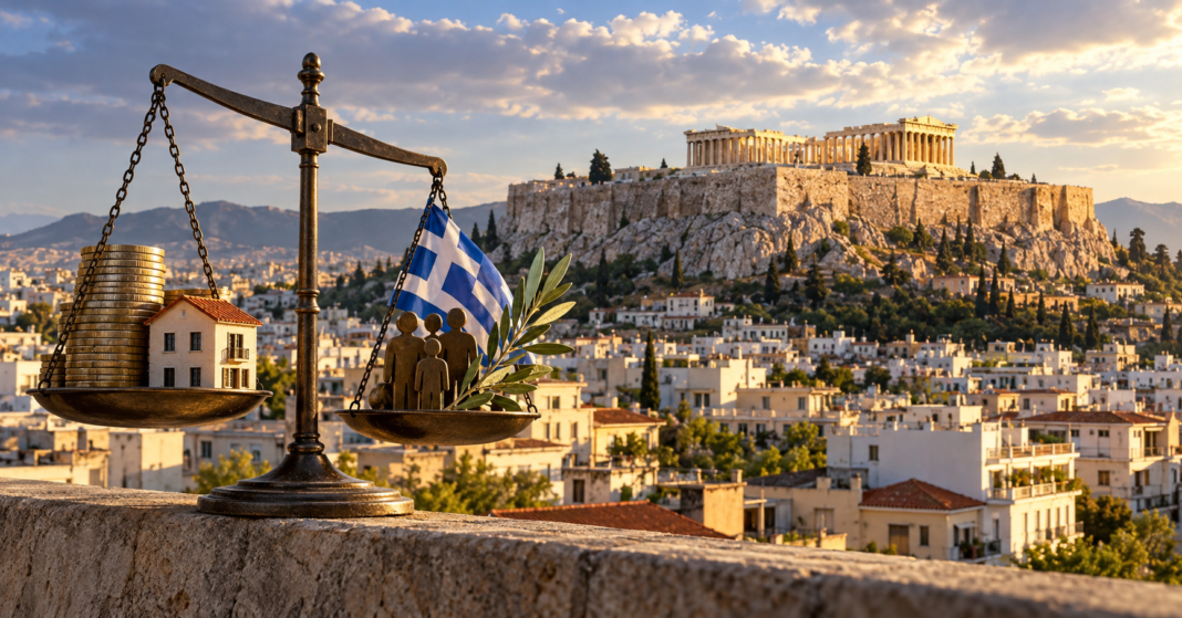 Tsipras builds ELAS organisation ahead of Greek election AI-generated illustration of Athens beneath the Acropolis with symbolic scales balancing housing costs and households.