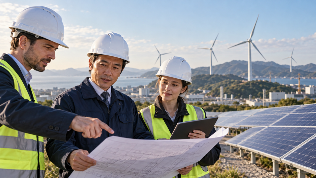 EIB and Japan renew investment partnership for five years AI-generated illustration of European and Japanese engineers examining a solar and wind energy installation.