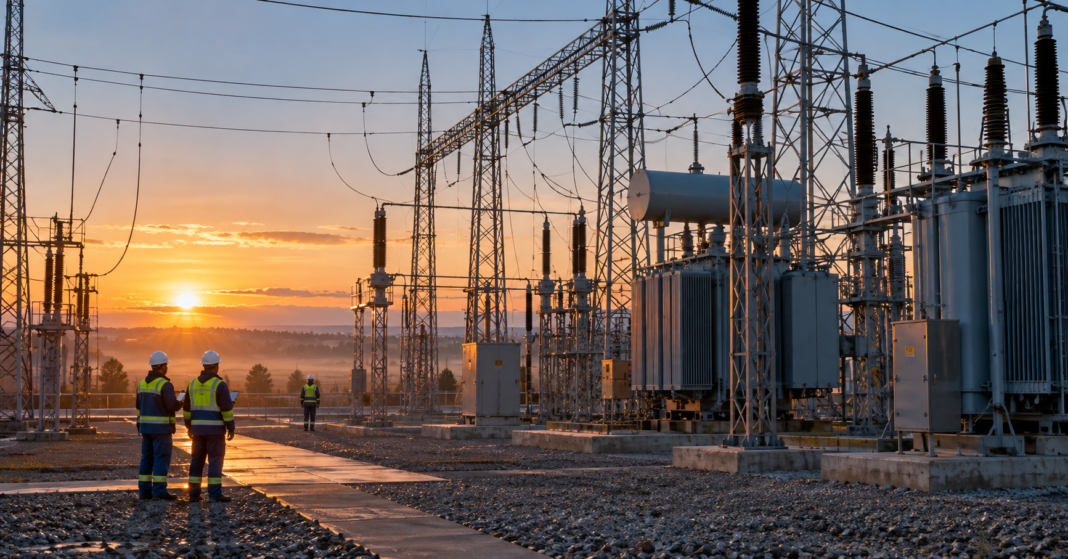AI-generated illustration of engineers near a Ukrainian electricity substation at dawn; no reported attack is depicted.