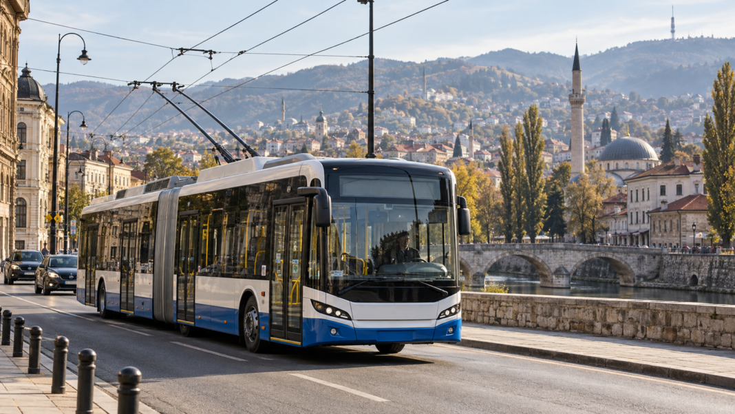 Sarajevo receives ten trolleybuses backed by an €8m EIB loan AI-generated illustration of an articulated electric trolleybus beneath overhead wires on a Sarajevo-inspired street.