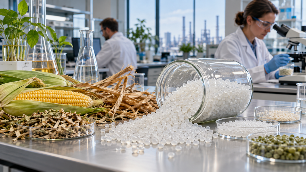 Europe’s bio-based materials face the test of industrial scale AI-generated illustration of a materials laboratory with plant feedstock, transparent polymer pellets and glassware.