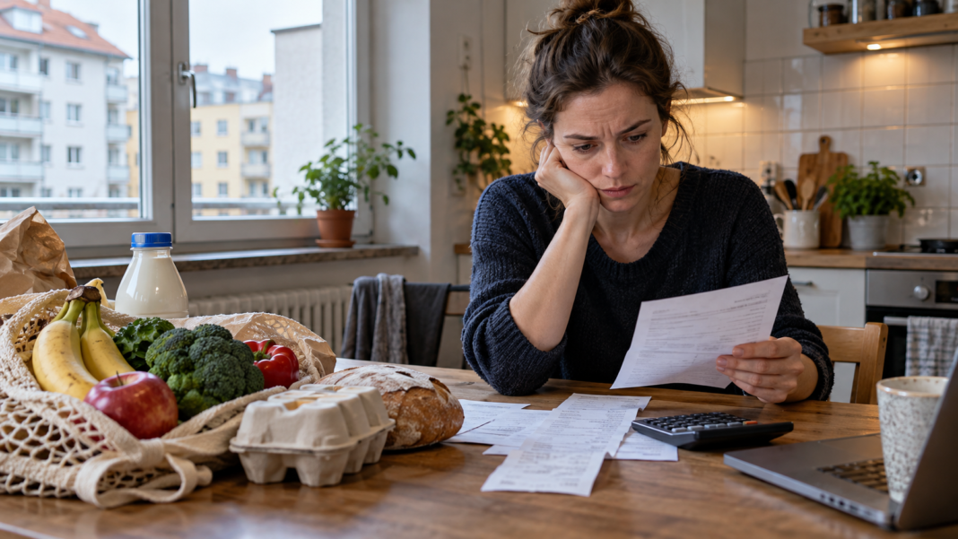EU anti-poverty drive confronts housing and employment barriers AI-generated illustration of an adult reviewing household expenses beside basic groceries in a modest European kitchen.