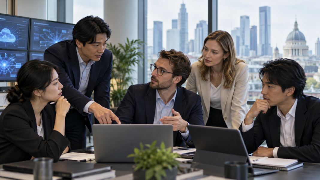 EU clears Dentsu and Itochu’s joint control of Dentsu Soken AI-generated illustration of professionals discussing enterprise software in a contemporary international office.