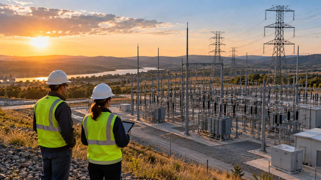 AI-generated illustration of electricity transmission equipment and power infrastructure in an American landscape.