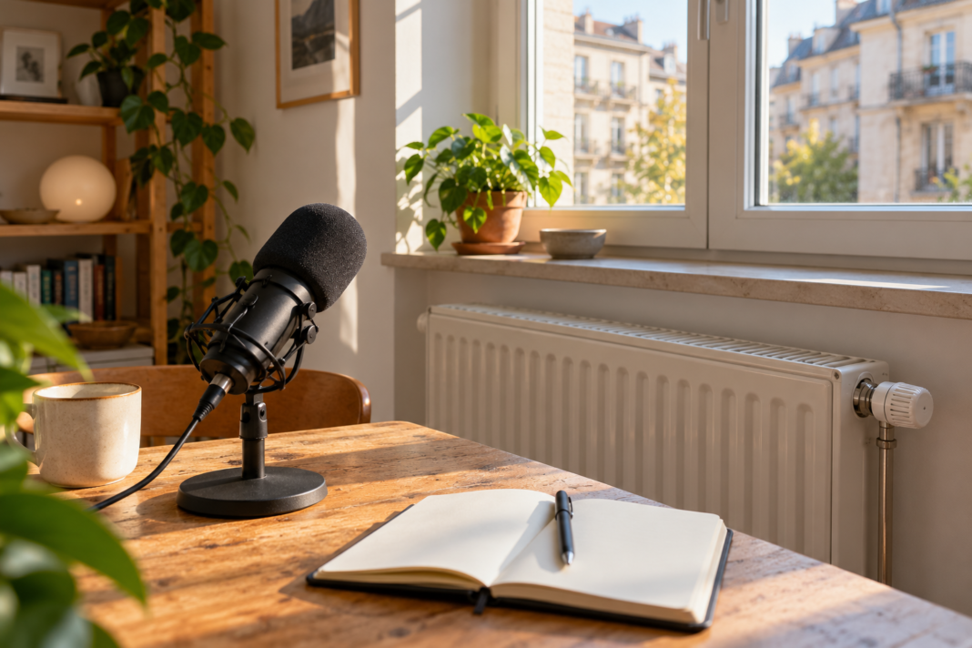 Understanding Household Energy: From Meter Readings to Better Questions A podcast microphone and open notebook beside a radiator under a sunlit apartment window.